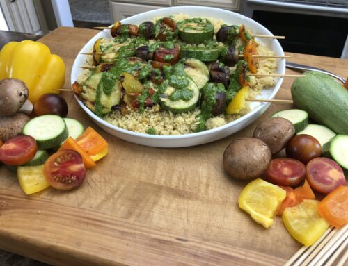 Veggie Skewers with Couscous and Spinach Pesto